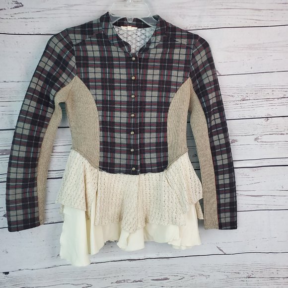 Mystree Tops - Mystree Lace & Plaid Military Peplum Top -Medium